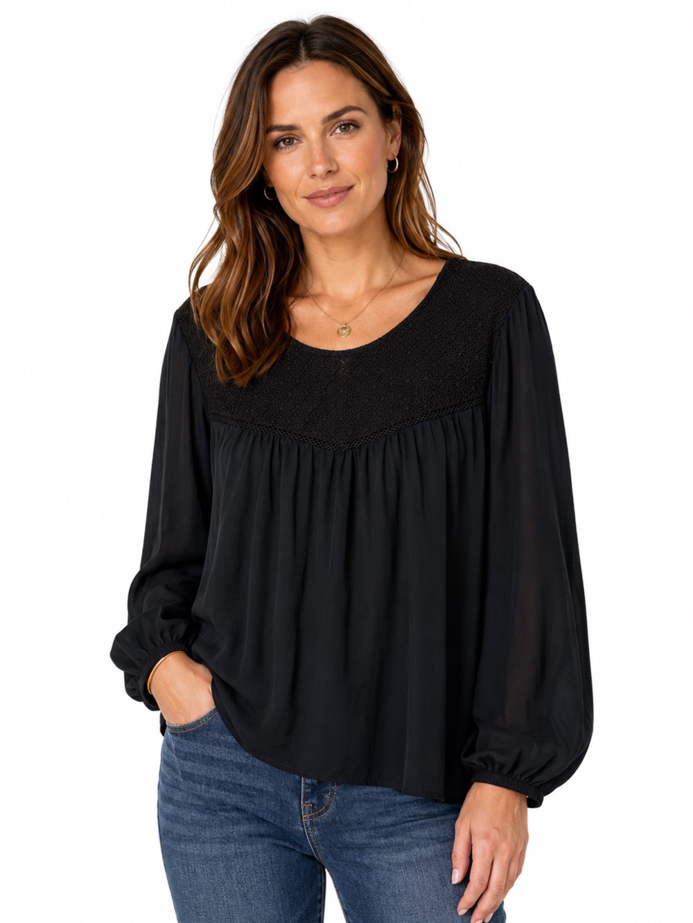 Old Navy Black Embroidered Yoke Blouse — Loose Fit Babydoll, Women’s XL